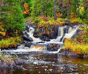 Wodospad, Drzewa, Kamienie, Jesień, Rzeka