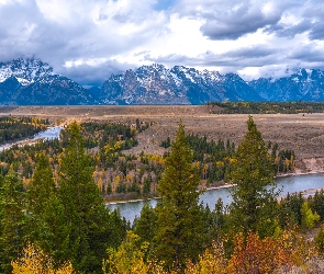 Park Narodowy Grand Teton, Stan Wyoming, Chmury, Stany Zjednoczone, Rzeka Snake River, Drzewa, Góry, Teton Range, Las