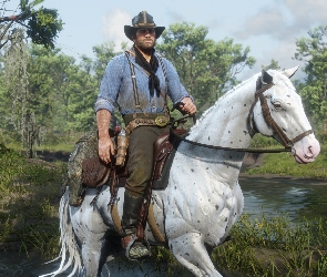 Drzewa, Rzeka, Red Dead Redemption 2, Gra, Mężczyzna, Koń