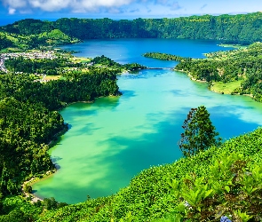 Portugalia, Lagoa do Fogo, Masyw Sete Cidades, Drzewa, Jezioro, Góry, Wyspa Sao Miguel, Ponta Delgada, Azory, Lasy