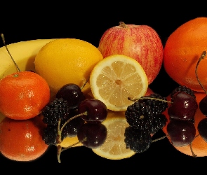Ciemne tło, Odbicie, Banan, Owoce, Pomarańcza, Jabłko