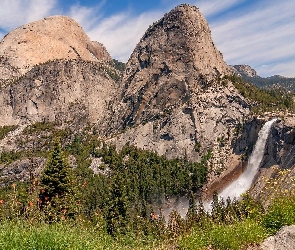 Sierra Nevada, Drzewa, Góry, Nevada Fall, Kalifornia, Wodospad, Stany Zjednoczone, Park Narodowy Yosemite