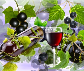 Kompozycja, Porzeczki, Wino, 2D, Liście, Butelka, Kieliszki