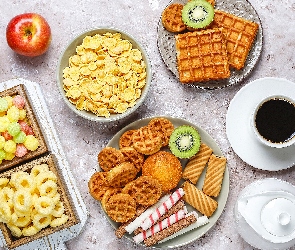 Kawa, Jabłka, Chrupki, Kiwi, Płatki, Ciastka, Filiżanka, Dzbanek, Gofry