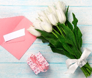 Prezent, Wstążka, Kartka, Koperta, Tulipany