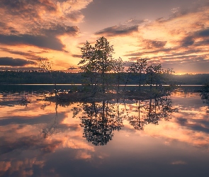 Wysepka, Jezioro, Norwegia, Zachód słońca, Chmury, Gmina Ringerike, Drzewa