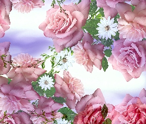 Kwiaty, Różowe, Grafika, Białe, Kwiatuszki, Róże