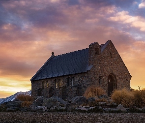 Nowa Zelandia, Kamienie, Kępy, Zachód słońca, Trawy, Roślinność, Mackenzie Basin, Church of the Good Shepherd, Kościół Dobrego Pasterza