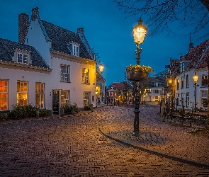 Oświetlenie, Domy, Amersfoort, Holandia, Uliczka, Latarnie