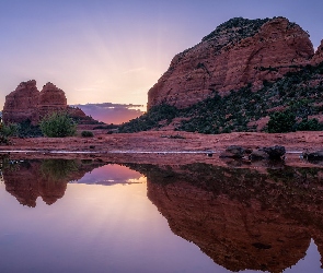 Arizona, Sedona, Skały, Stany Zjednoczone, Odbicie, Zachód słońca, Kałuża
