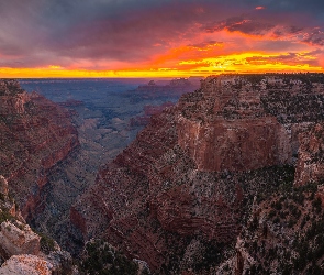 Arizona, Zachód słońca, Góry, Stany Zjednoczone, Grand Canyon, Park Narodowy Wielkiego Kanionu, Wielki Kanion Kolorado