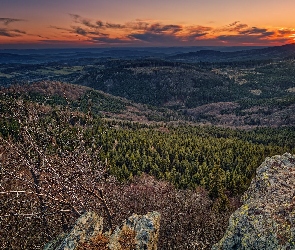 Góry, Lasy, Drzewa, Skały, Zachód słońca