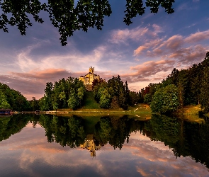 Chorwacja, Chmury, Jezioro, Drzewa, Zamek Trakoscan