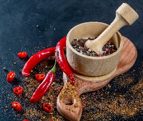 Pieprz, Moździerz, Drewniany, Papryka chili, Przyprawy