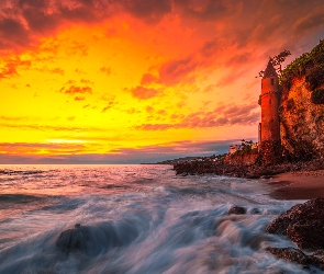 Morze, Kalifornia, Skały, Stany Zjednoczone, Zachód słońca, La Tour, Victoria Beach, Klif, Wieża
