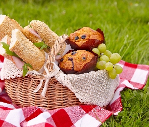 Piknik, Kanapki, Kosz, Muffinki, Chleb, Wiklinowy, Łąka, Trawa, Koc