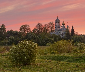 Cerkiew, Zachód słońca, Rosja, Debolovskoye, Obwód jarosławski, Drzewa