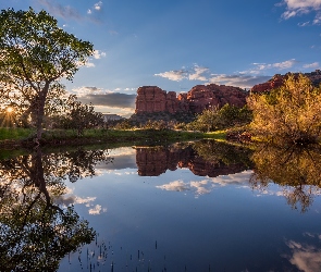 Drzewa, Odbicie, Jezioro, Skały, Arizona, Krzew, Stany Zjednoczone, Sedona