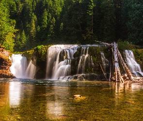 Wodospad Lower Lewis River Falls, Skały, Drzewa, Las, Stany Zjednoczone, Osada Cougar, Rzeka, Stan Waszyngton, Omszałe