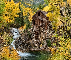 Stany Zjednoczone, Młyn, Jesień, Crystal Mill, Drewniany, Crystal River, Drzewa, Skały, Kolorado, Rzeka