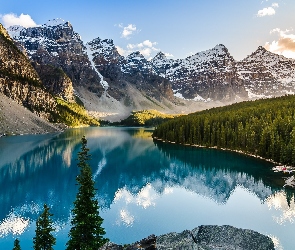 Kanada, Góry, Las, Odbicie, Drzewa, Dolina Dziesięciu Szczytów, Alberta, Park Narodowy Banff, Jezioro Moraine