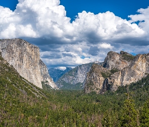 Park Narodowy Yosemite, Drzewa, Yosemite Valley, Dolina, Stany Zjednoczone, Chmury, Lasy, Stan Kalifornia, Góry