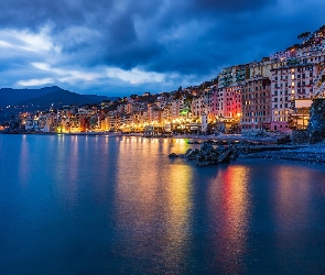 Oświetlone, Wybrzeże, Włochy, Morze, Camogli, Liguria, Domy