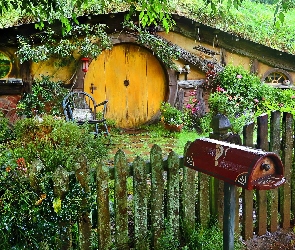 Plan filmowy Hobbiton, Miejscowość Matamata, Skrzynka, Nowa Zelandia, Hobbit, Płot, Atrakcja turystyczna, Wzgórze, Dom