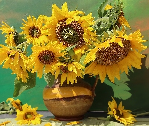 Wazon, Słoneczniki, Kwiaty