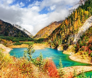 Chiny, Park Narodowy Jiuzhaigou, Drzewa, Góry, Wzgórza, Jezioro