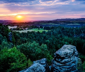 Park Narodowy Saskiej Szwajcarii, Wschód Słońca, Drzewa, Skały, Niemcy