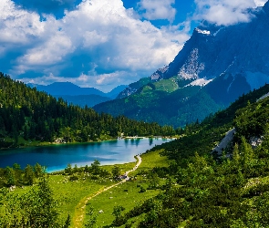 Las, Seebensee, Tyrol, Chmury, Jezioro, Austria, Góry