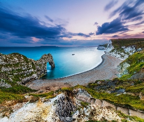 Anglia, Brzeg, Łuk wapienny, Wschód słońca, Durdle Door, Plaża, Morze, Wybrzeże Jurajskie, Skały