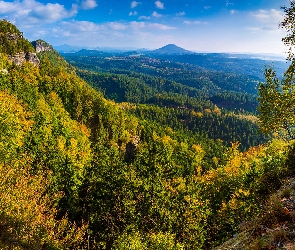 Lasy, Drzewa, Skała, Jesień, Góry, Wzgórza