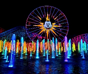 Kalifornia, Stany Zjednoczone, Noc, Disneyland, Diabelski młyn, Fontanna, Anaheim