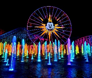 Fontanna, Diabelski młyn, Kalifornia, Noc, Disneyland, Stany Zjednoczone, Anaheim