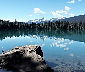 Kanada, Prowincja, Park Narodowy Yoho, Kolumbia Brytyjska, Kamień, Emerald Lake, Głaz, Drzewa, Jezioro, Góry