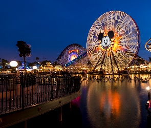 Stany Zjednoczone, Rzeka, Karuzele, Noc, Diabelski młyn, Disney California Adventure Park, Kalifornia, Anaheim, Park rozrywki