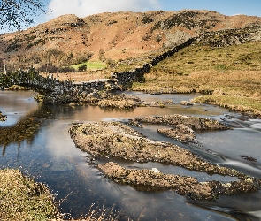 Anglia, Little Langdale, Dolina, Kumbria, Slater Bridge, Most, Rzeka, River Brathay, Kamienny, Wzgórza