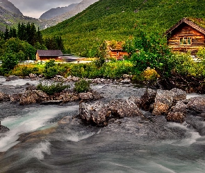 Góry, Gmina Rauma, Kamienie, Norwegia, Trollstigen, Rzeka Rauma, Drewniane, Domy, Most