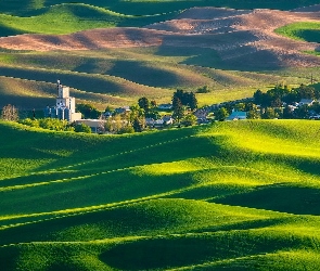 Wzgórza, Stan Waszyngton, Region Palouse, Stany Zjednoczone, Whitman County, Zabudowania, Drzewa, Łąki, Pola