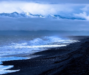Ocean, Czarny, Morze, Piasek, Góry, Plaża, Chmury, Fale
