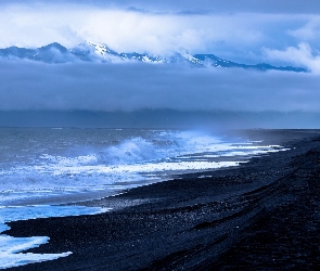 Piasek, Ocean, Morze, Chmury, Fale, Czarny, Góry, Plaża