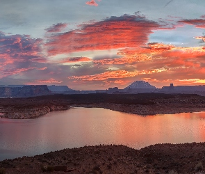 Lake Powell, Skały, Jezioro, Glen Canyon, Arizona, Kanion, Stany Zjednoczone, Wschód słońca
