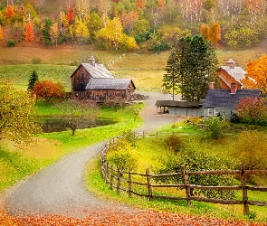 Wieś, Ogrodzenie, Droga, Drzewa, Nowa Anglia, Stan Vermont, Jesień, Domy, Stany Zjednoczone, Staw