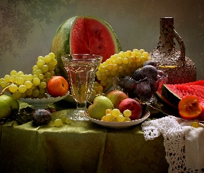 Lato, Nektarynki, Owoce, Stół, Śliwki, Winogrona, Wino, Jabłka, Arbuz