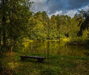 Staw, Chmury, Drzewa, Ławka