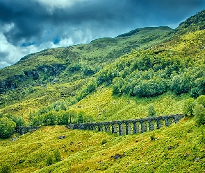 Wiadukt, Most, Szkocja, Góry, Drzewa, Trawa, Glen Ogle Viaduct