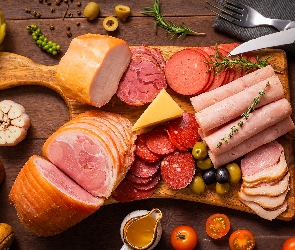 Sztućce, Pomidory, Plasterki, Wędliny, Deska, Oliwki