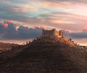 Kastylia-La Mancha, Castle of Jadraque, Hiszpania, Zamek, Zachód słońca, Gmina Jadraque, Chmury, Wzgórze